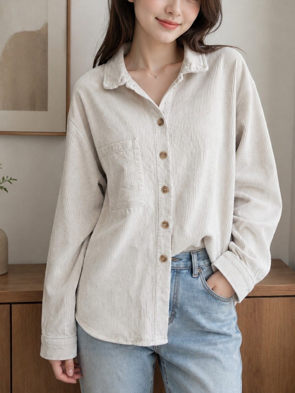 Lulus Cutest Everyday Crush Beige Corduroy Button-Up Shirt Size S